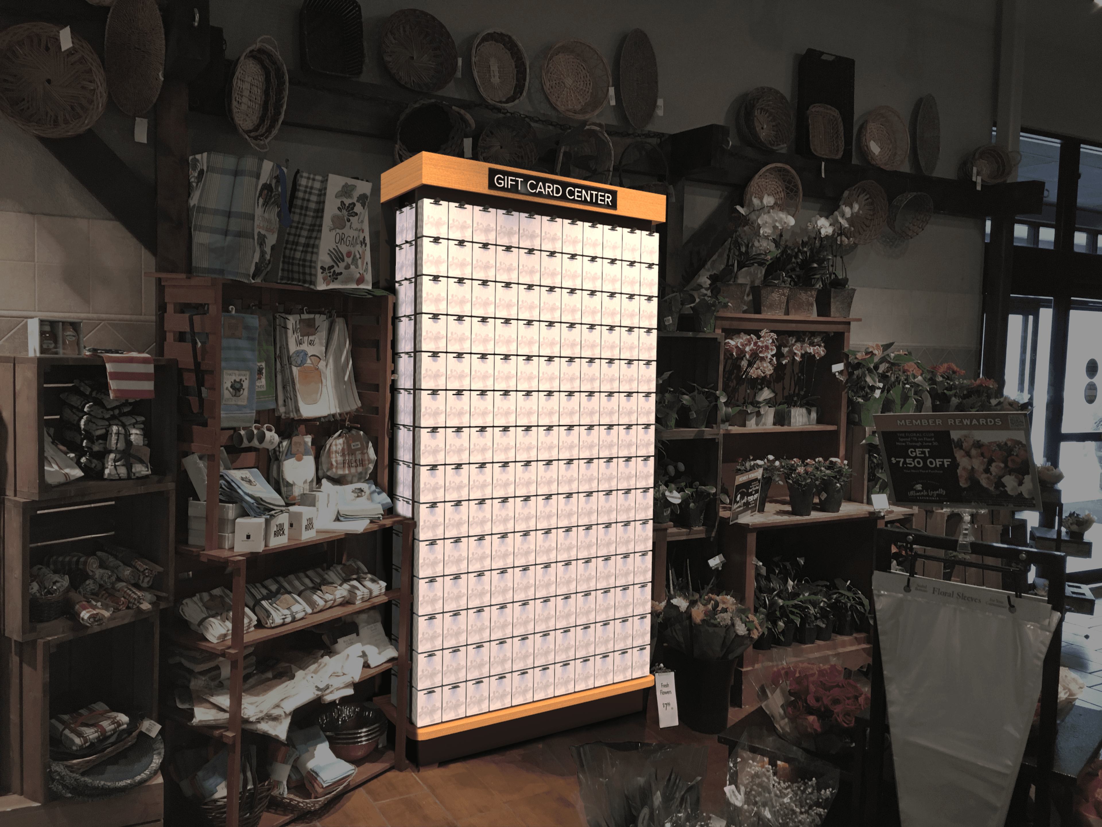 A gift card display in a boutique shop